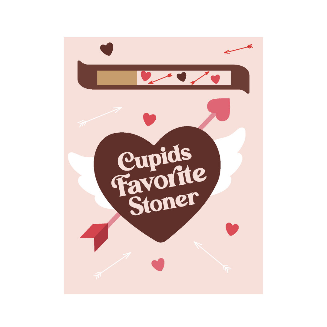 A romantic and whimsical greeting card in pastel pink, adorned with a heart-shaped chocolate box reading 'Cupid's Favorite Stoner,' accented with playful arrows, hearts, and a joint, combining elements of love and cannabis culture