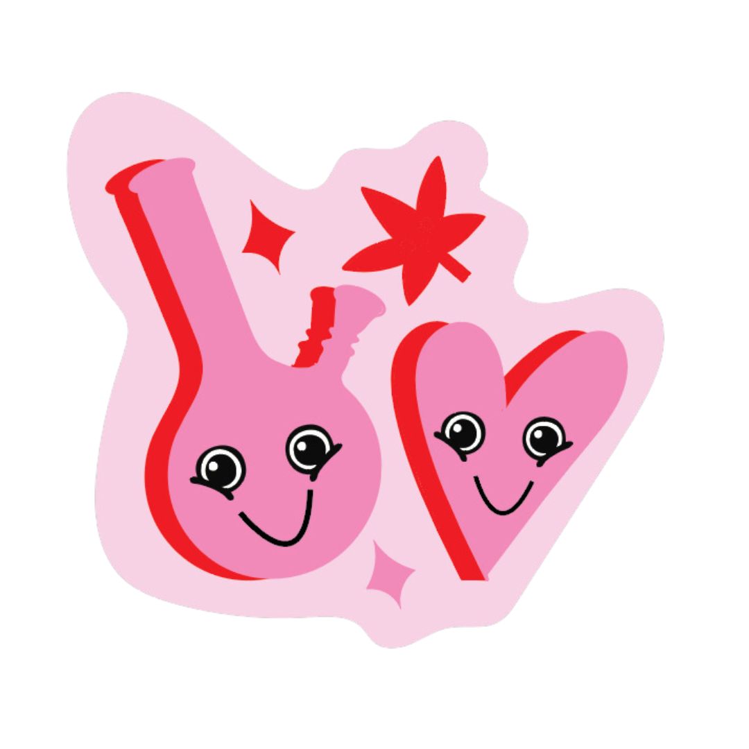 A vibrant sticker with a pink background and a heart and bong character with a smiley face,' perfect for showing off a close friendship with a touch of playful camaraderie.