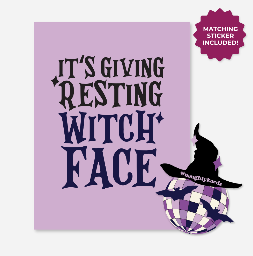 Its Giving Resting Witch Face Greting Card with Witch Hat Disco Ball Sticker 