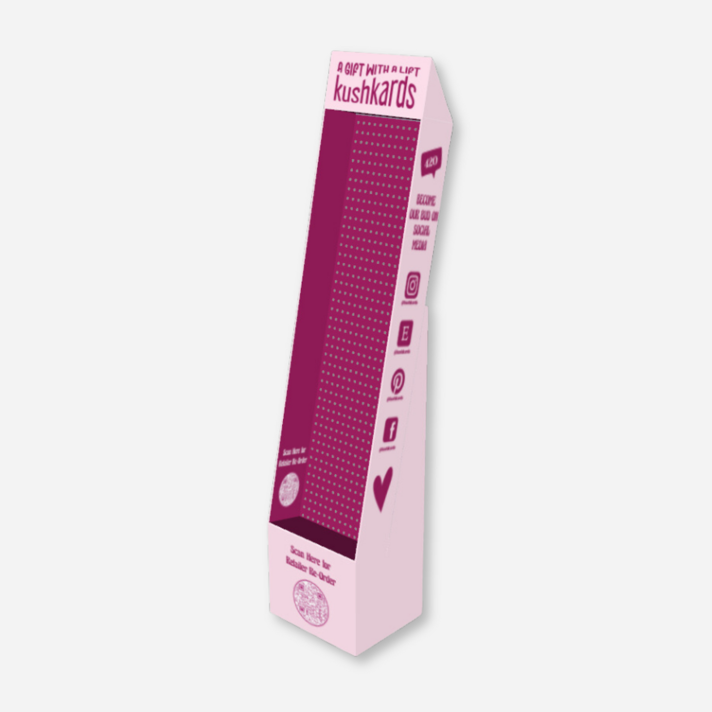 Vertical five-tiered KushKards cardboard display stand with a magenta backdrop and white slot cutouts for product hanging, featuring branding and social media icons along the sides.