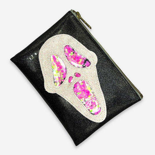 Midi Ghostface Kush Clutch with pink cannabis leaf glitter, angled view