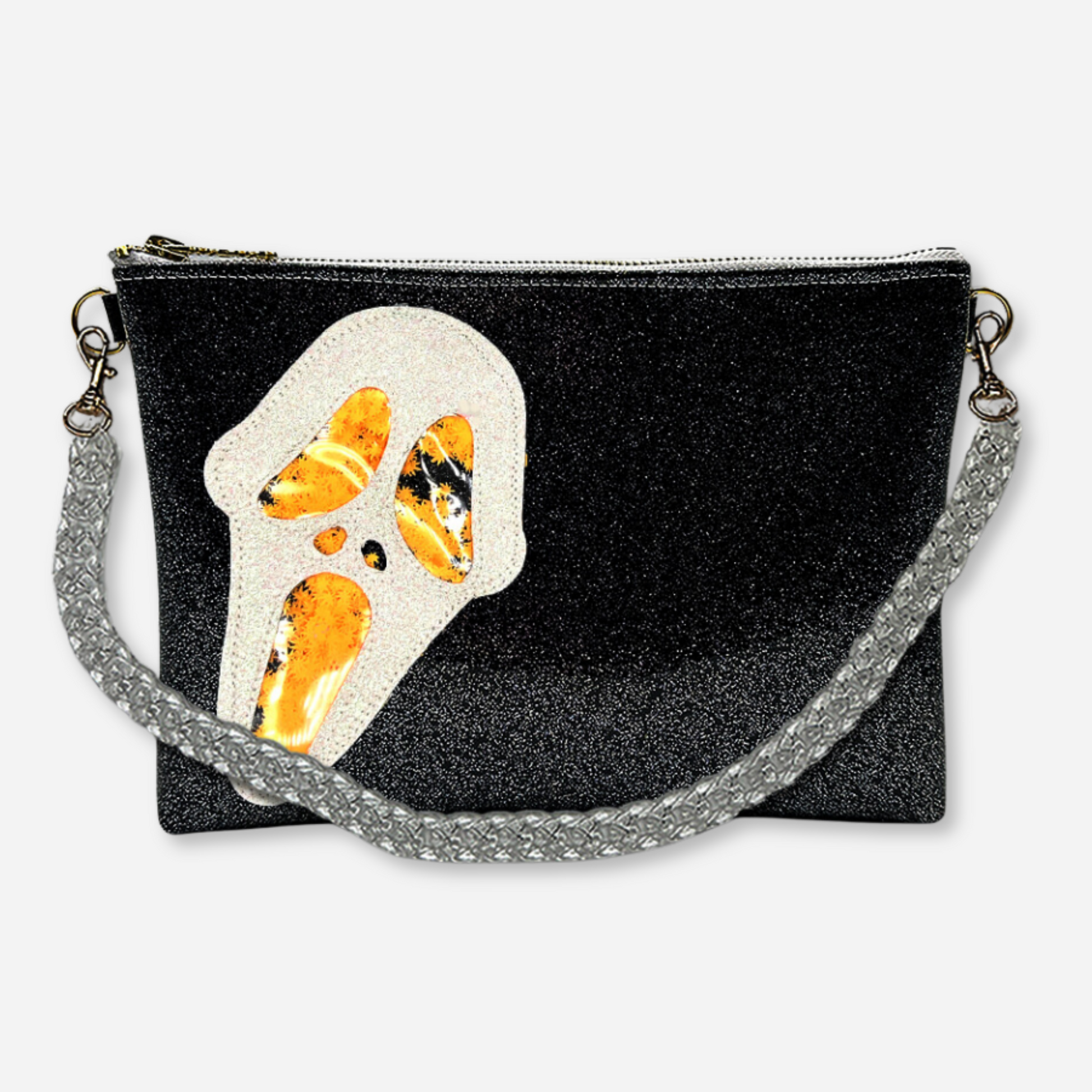 Shoulder Ghostface Kush Clutch with orange cannabis leaf glitter