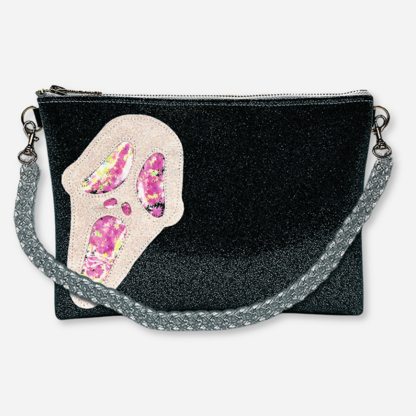 Shoulder Ghostface Kush Clutch with pink cannabis leaf glitter