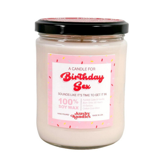 Light up the 'Birthday Sex Candle' for a memorable celebration! Delight in the scents of Birthday Cake, Funfetti, & Vanilla Cream. Hand-poured in the USA with 100% soy wax, enjoy a longer, cleaner burn that sets the perfect mood. A candle experience like no other! 🎂🔥