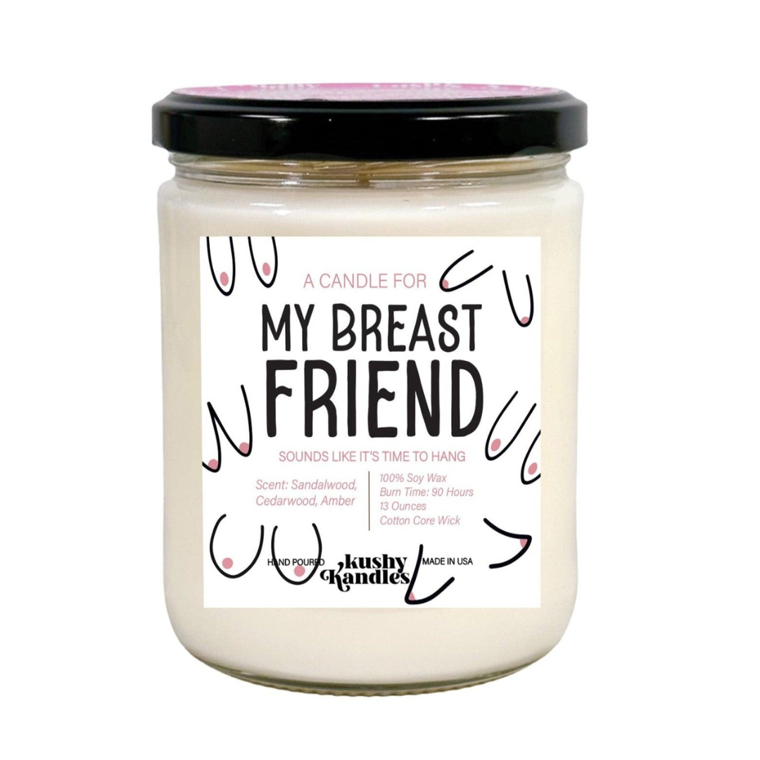 Sandalwood-scented 'Breast Friend Kush Candle' in soy wax, ideal for gifting and creating a warm, friendly ambiance.