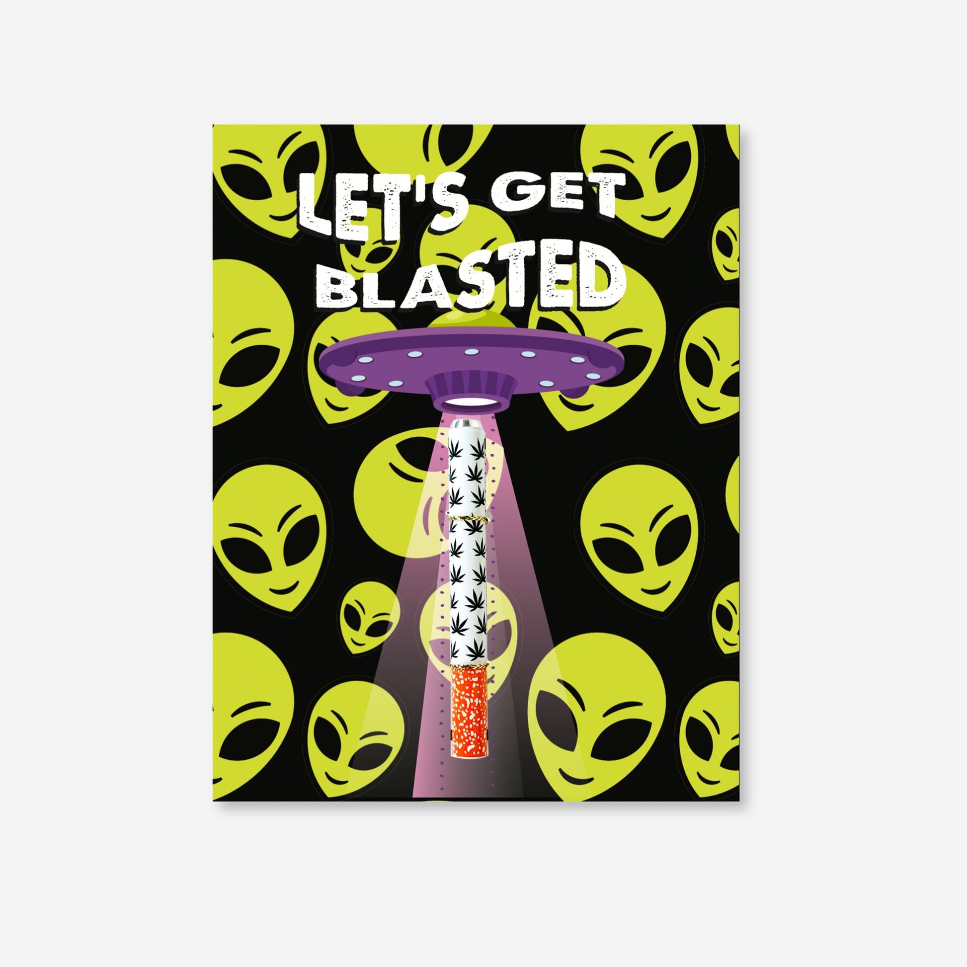 Main Image: "Alien-themed greeting card with 'Let's Get Blasted' text, featuring green alien faces on a black background and a detachable black and white one hitter with marijuana leaf designs."  Detail of One Hitter: "Close-up of the black and white one hitter attached to the greeting card, decorated with marijuana leaf designs."  Card Background: "Background of the greeting card featuring multiple green alien faces on a black backdrop."