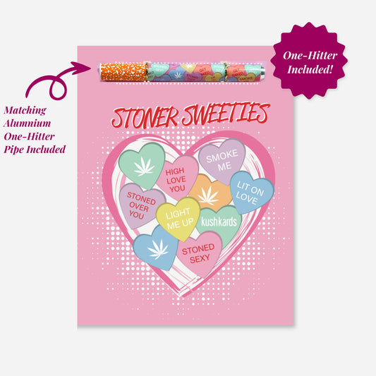 Pink Stoner Sweeties KushKard with candy heart designs and matching aluminum one-hitter pipe included.