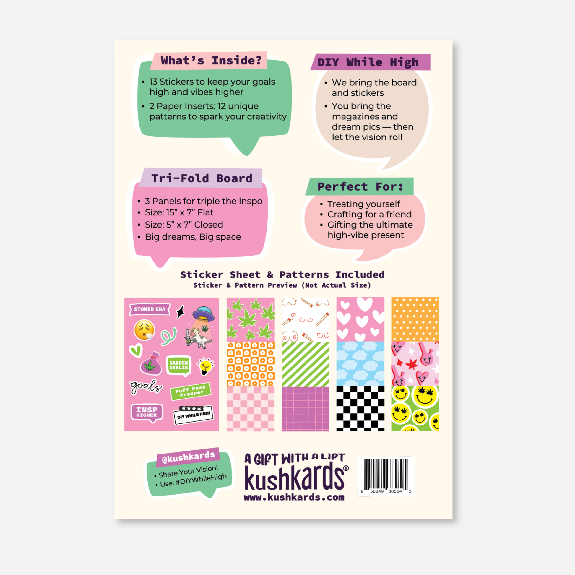 Back cover of the Vision Board Kit featuring an overview of contents, including a 5x7 trifold board, 13 stickers, and 2 paper inserts with patterns. Includes text highlighting uses for vision boards, scrapbooking, and creative projects, with a preview of stickers and patterns.