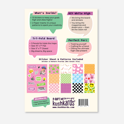 Back cover of the Vision Board Kit featuring an overview of contents, including a 5x7 trifold board, 13 stickers, and 2 paper inserts with patterns. Includes text highlighting uses for vision boards, scrapbooking, and creative projects, with a preview of stickers and patterns.