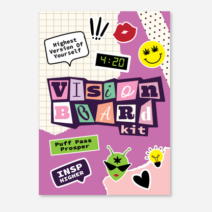 Front cover of the Vision Board Kit for Adults with colorful graphics, text reading 'Vision Board Kit,' and fun stickers like a smiley face, alien, and inspirational quotes.