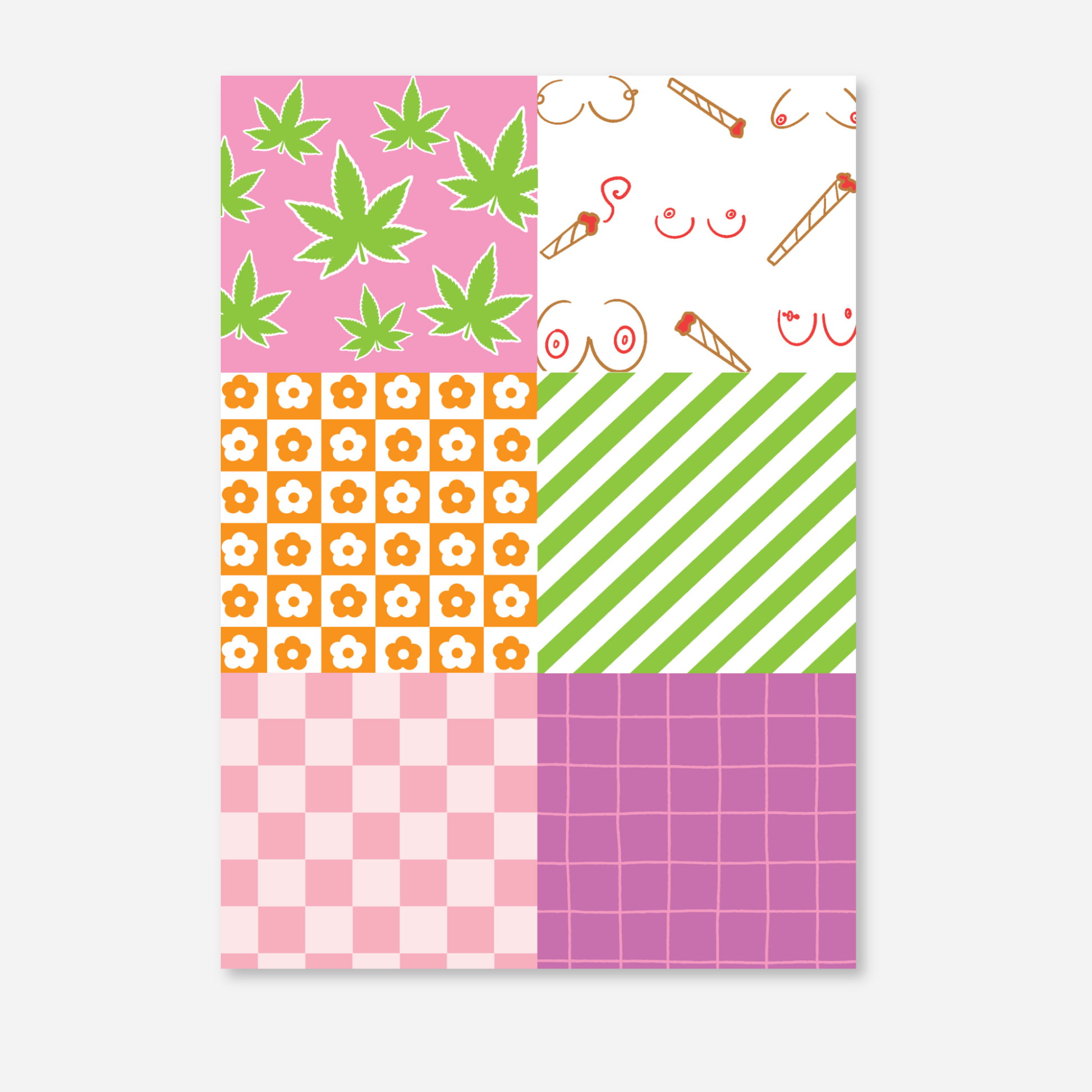 Pattern postcard included in the Vision Board Kit, featuring a mix of fun and colorful designs like leaves, flowers, and stripes.