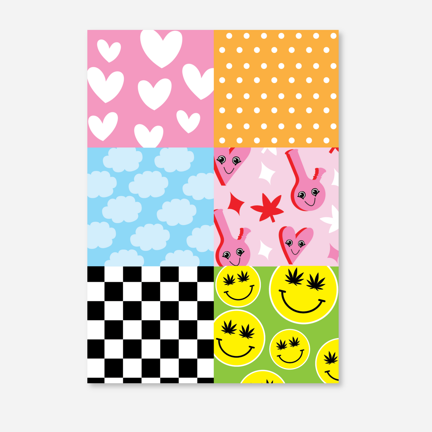 Second pattern postcard from the Vision Board Kit, featuring a colorful mix of designs such as hearts, dots, and checkered prints.