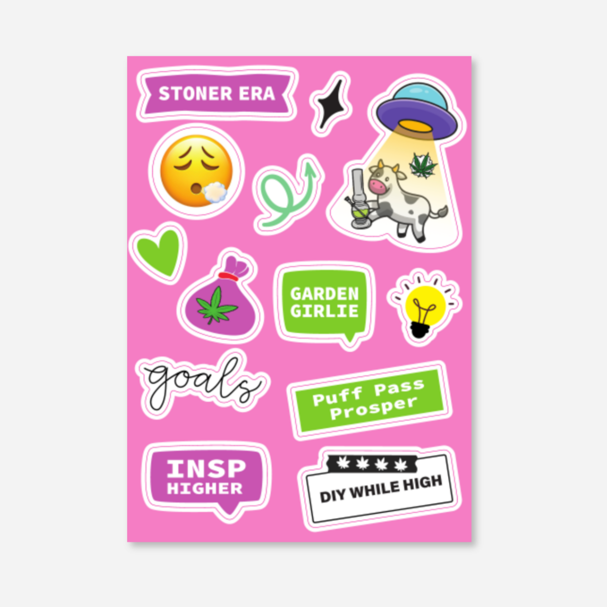 Sticker sheet included in the Vision Board Kit featuring 13 high-quality, colorful stickers with playful designs such as a cow, cannabis leaf, and phrases like 'Stoner Era' and 'Puff Pass Prosper.'