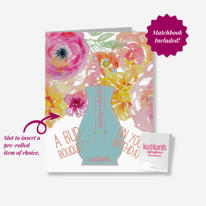 Watercolor Floral Birthday Card with pre-roll slot and matchbook