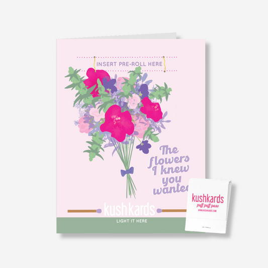 Flowers Greeting Card with vibrant bouquet illustration and a matchbook, reading 'The Flowers I Knew You Wanted' for a special touch.