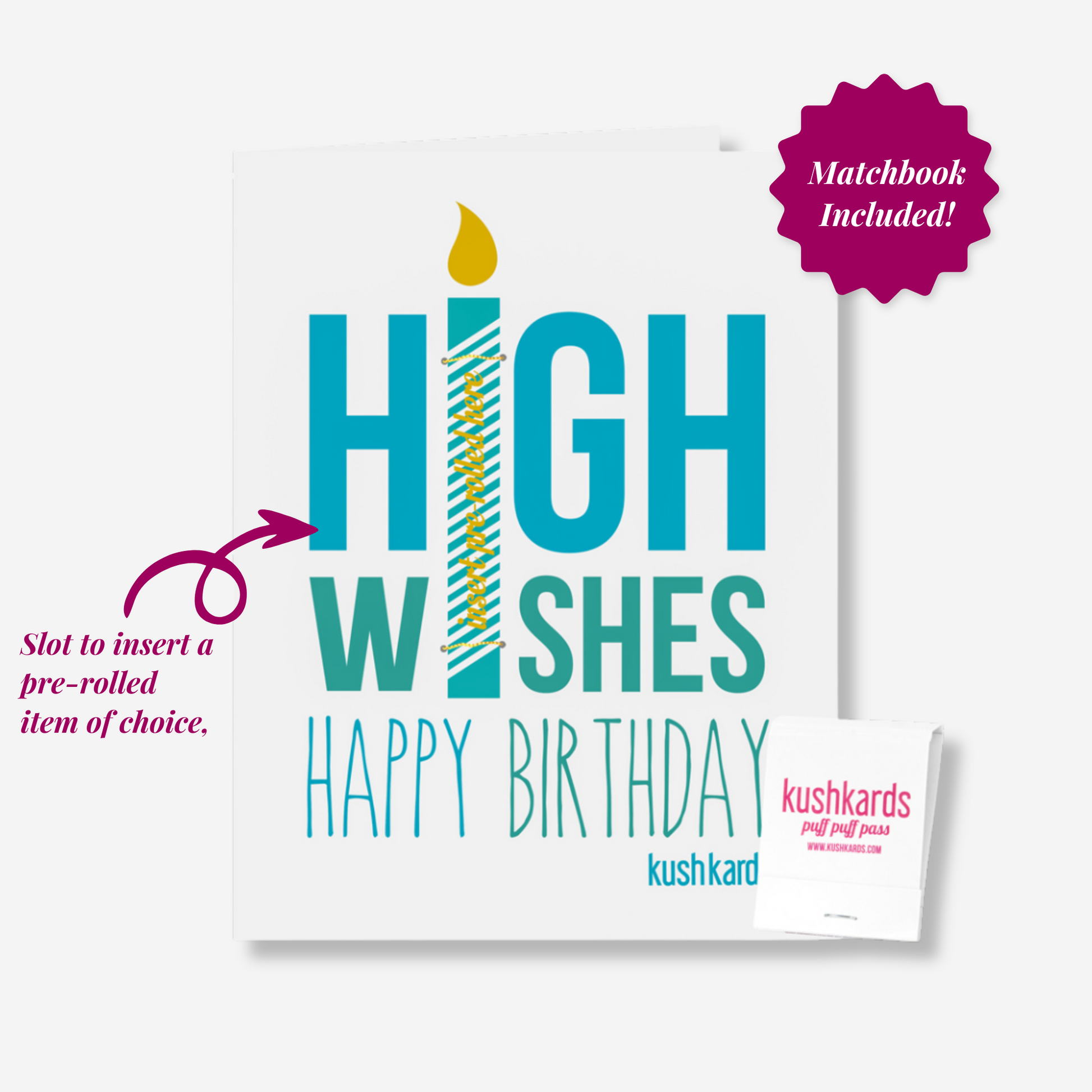 Stylish Birthday Card with a giant candle and 'HIGH WISHES HAPPY BIRTHDAY' message, including a matchbook.