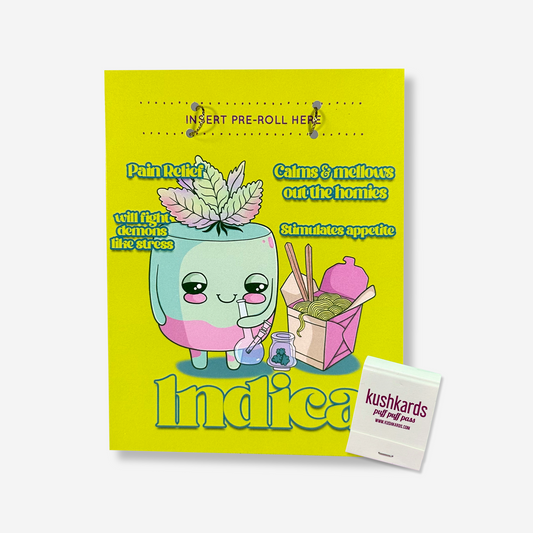 Cheerful green 'Indica' Greeting Card featuring a cute cartoon character with benefits listed, complete with a matchbook for a whimsical touch.