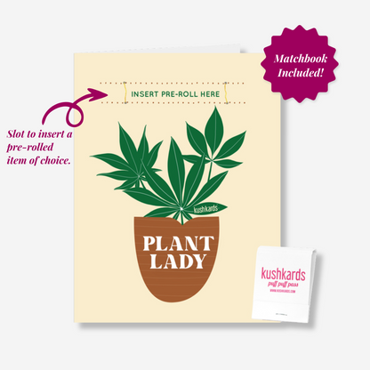 Plant Lady Greeting Card with a whimsical pot plant illustration and a matchbook attachment for gift shop buyers.