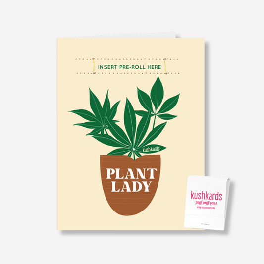 Plant Lady Greeting Card with a whimsical pot plant illustration and a matchbook attachment for gift shop buyers.