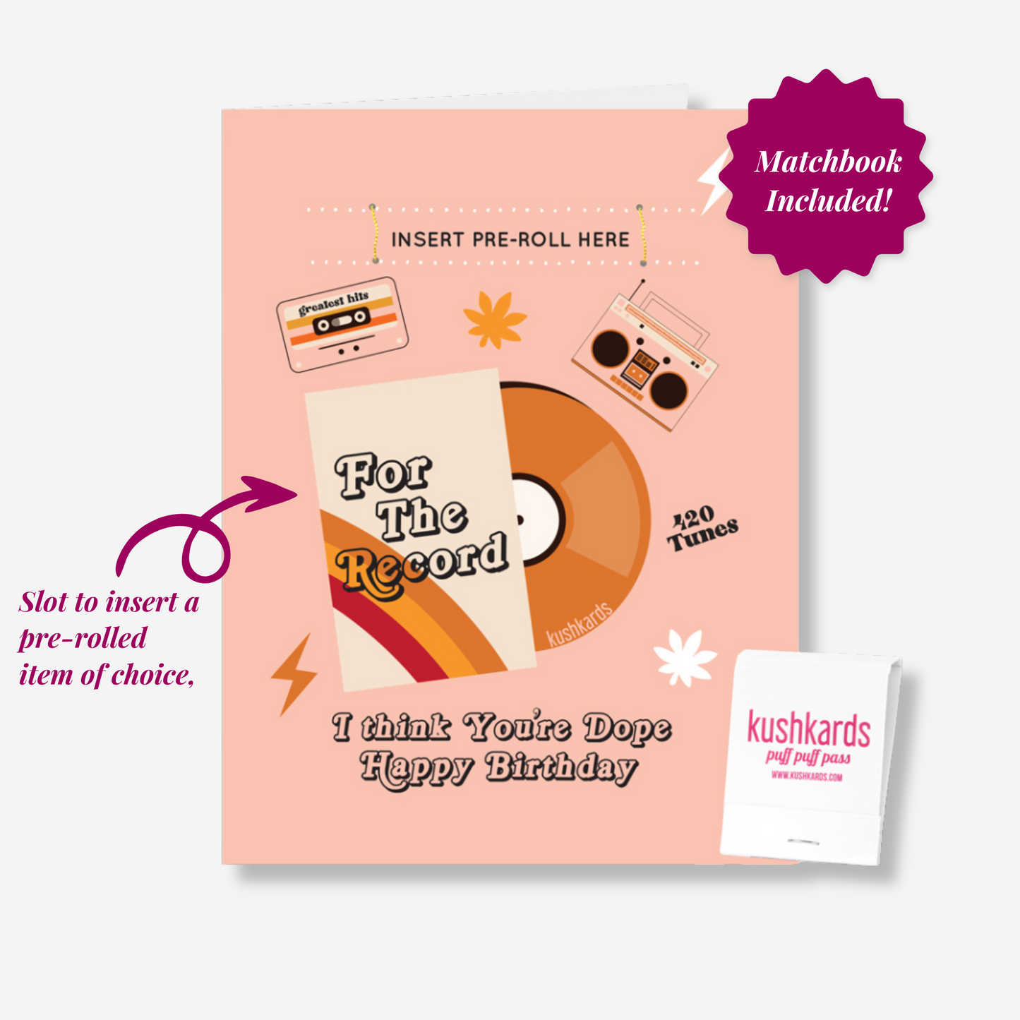 Retro-inspired Birthday Card with vinyl record design and 'For The Record I think You're Dope Happy Birthday' message, accompanied by a matchbook.