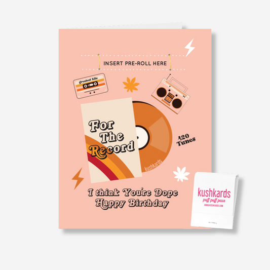 Retro-inspired Birthday Card with vinyl record design and 'For The Record I think You're Dope Happy Birthday' message, accompanied by a matchbook.