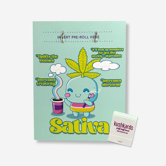 Invigorating mint 'Sativa' Greeting Card with a cute, smiling cartoon character and listed benefits, paired with a handy matchbook.
