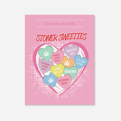 Pink Stoner Sweeties KushKard with heart-shaped candy design and a slot to insert a pre-roll or vape.