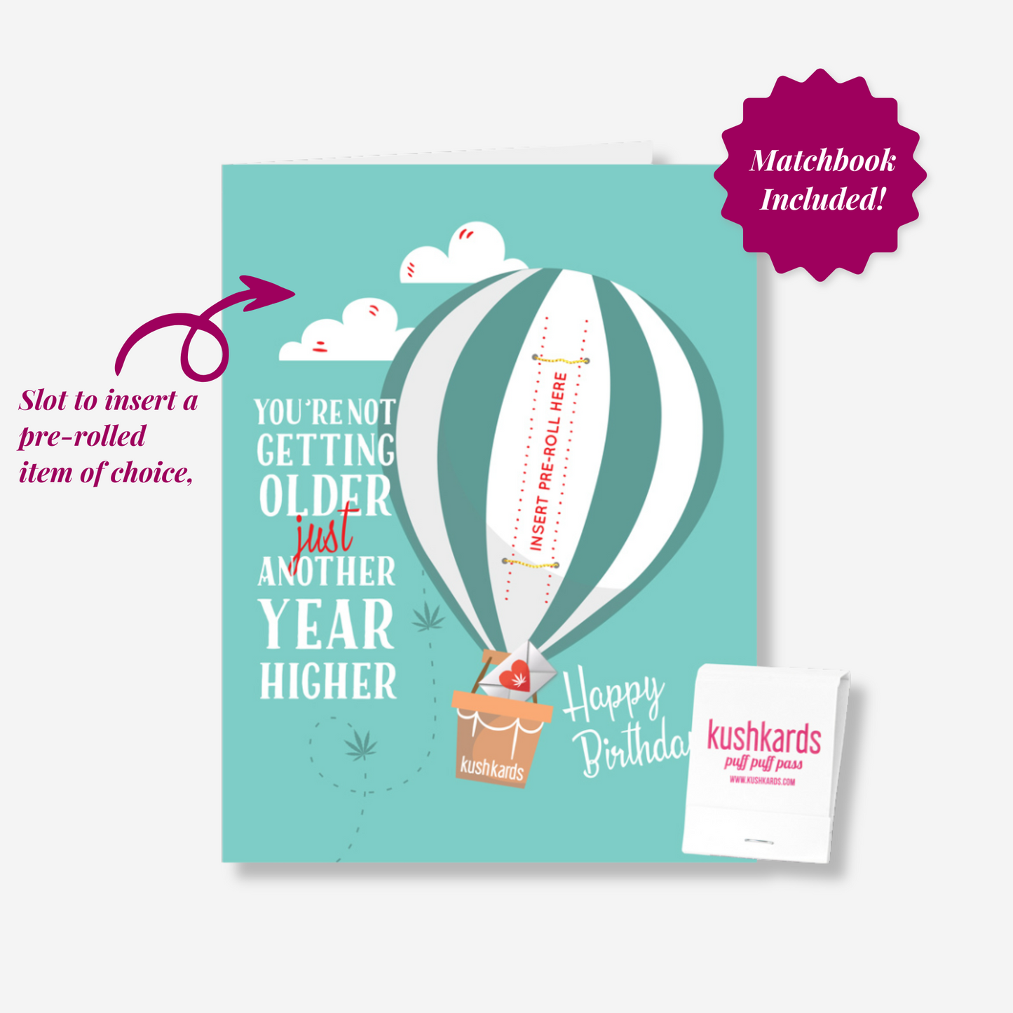 Hot Air Balloon Themed Birthday Card with pre-roll slot and included matchbook