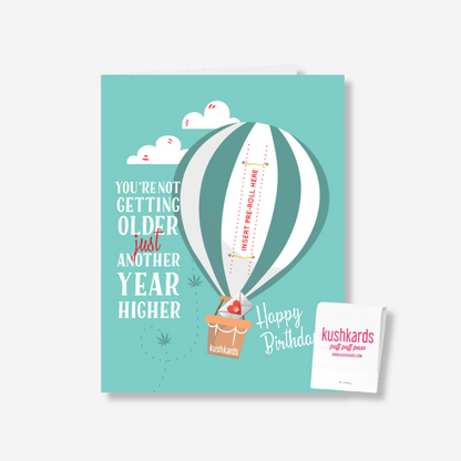 "Hot Air Balloon Themed Birthday Card with pre-roll slot and included matchbook"