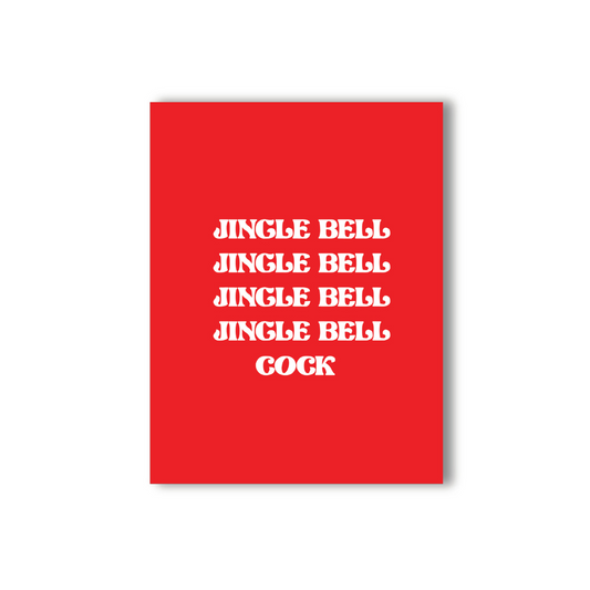 Red 'Jingle Bell Naughty Holiday Card' with comical white festive text for a humorous seasonal message.