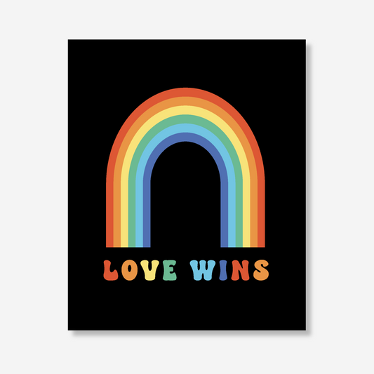 Love Wins LGBTQ+ Pride Greeting Card on 100% post-consumer recycled paper featuring a colorful rainbow with bold, friendly typography.