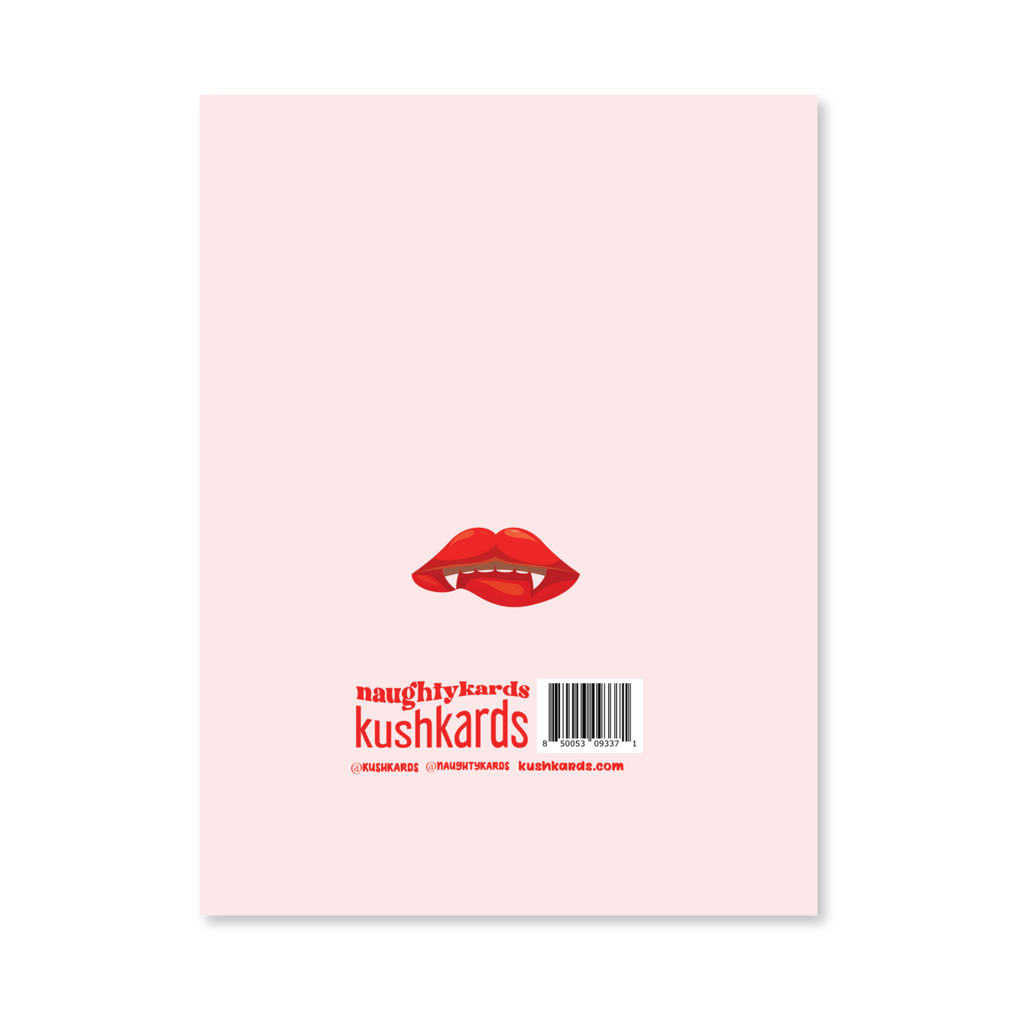 Back of the Getting Sucked Tonight Naughty Greeting Card with a pale pink background and a red lips graphic.