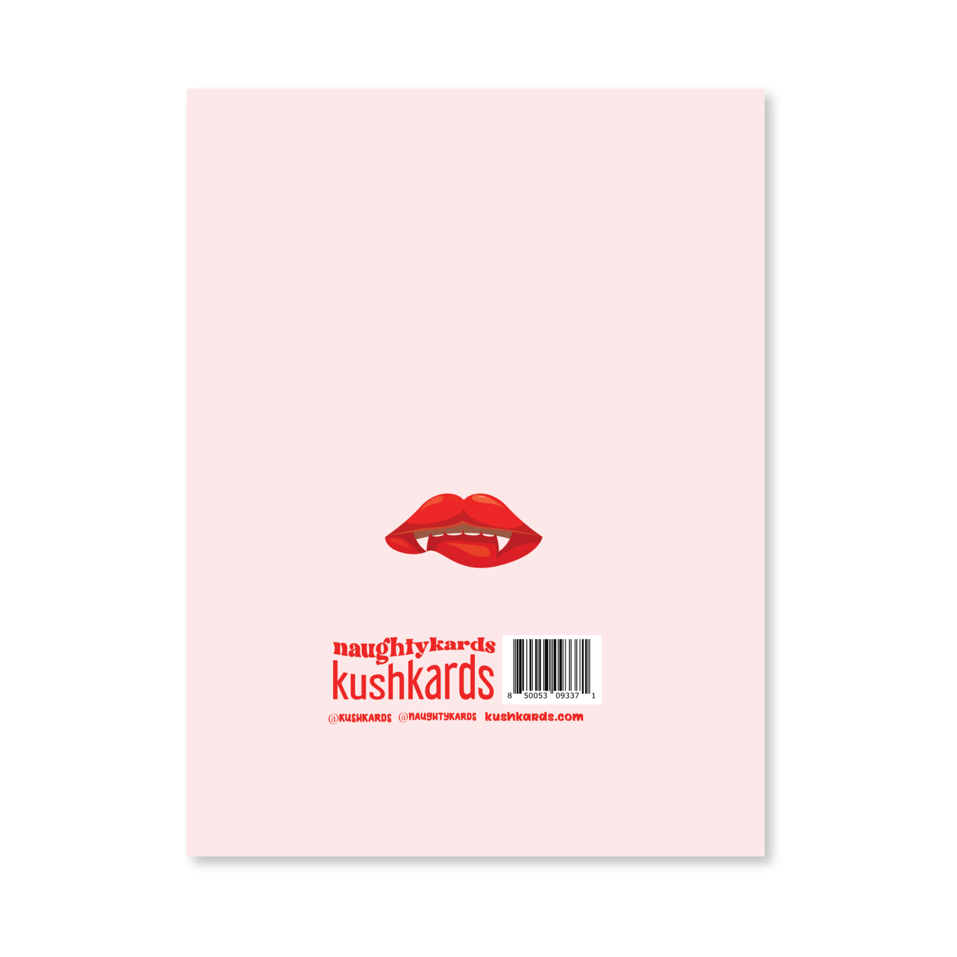 Back of the Getting Sucked Tonight Naughty Greeting Card with a pale pink background and a red lips graphic.