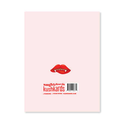 Back of the Getting Sucked Tonight Naughty Greeting Card with a pale pink background and a red lips graphic.