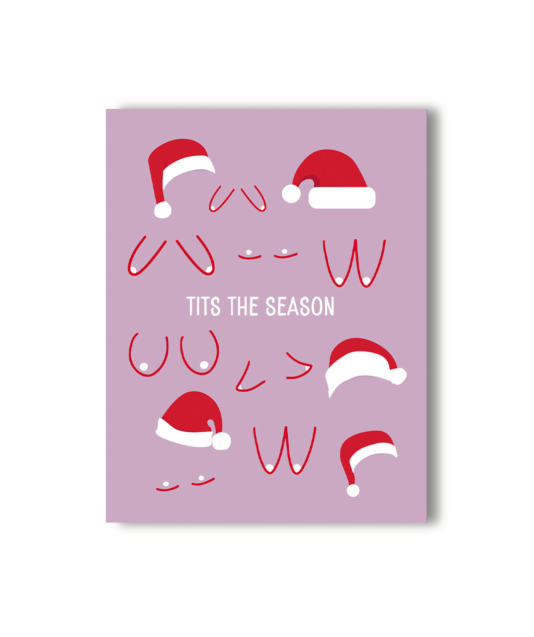 Festive lavender holiday card with cartoon breasts wearing Santa hats, with the phrase 'TITS THE SEASON' in bold typography.