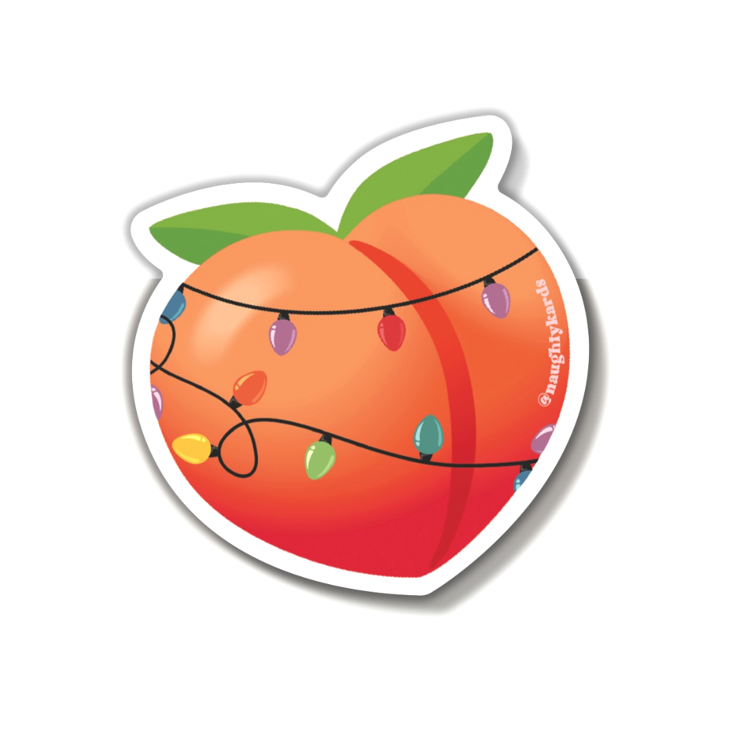 A Peach Booty Emoji wrapped in holiday lights sticker