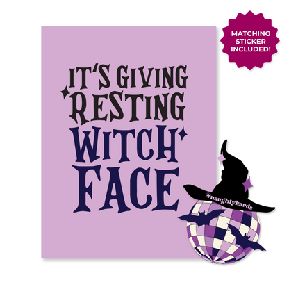 Resting Witch Face Naughty Greeting Card w/Matching Sticker