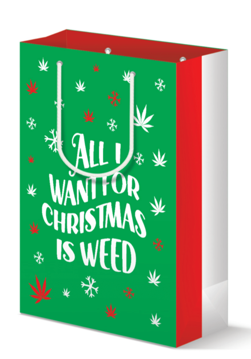 "Green large gift bag with 'All I Want For Christmas is Weed' festive print and red and white striped sides, perfect for wrapping holiday presents with a playful and cheery touch."