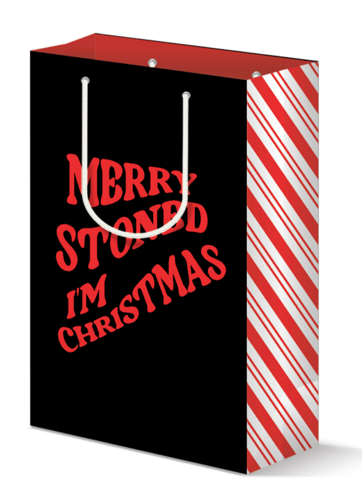 Large black gift bag with humorous 'Merry Stoned I'm Christmas' in red lettering and a festive candy cane stripe down the side, perfect for wrapping holiday presents with a touch of fun and laughter.