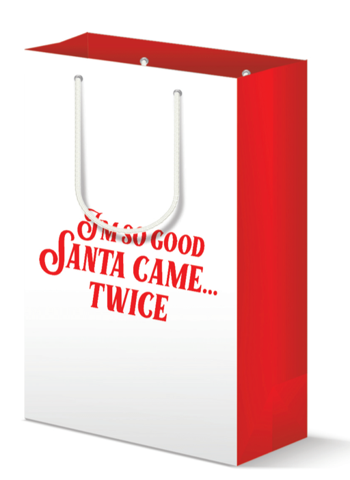 Large white holiday gift bag with 'So Good Santa Came Twice' written in red script, featuring festive red sides.