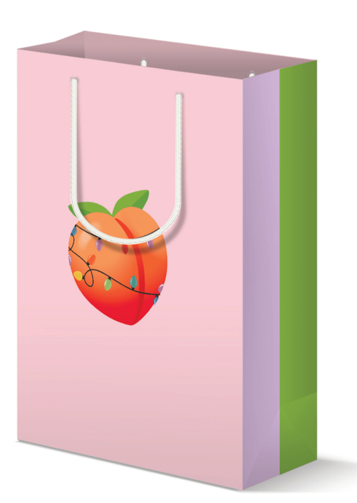 Large light pink holiday gift bag featuring a peach emoji wrapped in Christmas lights, with pink and green striped sides.