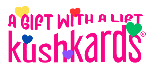 Logo of 'kushkards' with colorful hearts around the text on a white background